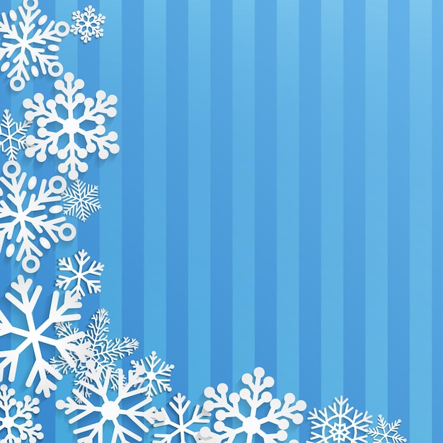 Christmas background with white snowflakes on blue striped background