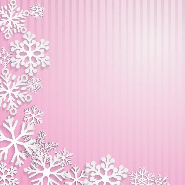 Christmas background with white snowflakes on pink striped background