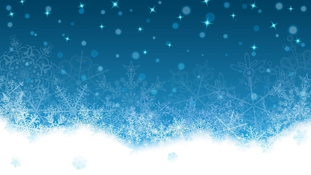 Christmas background with white snowflakes and snowdrifts on blue background Falling snowflakes Christmas vector illustration of beautiful big and small snowflakes