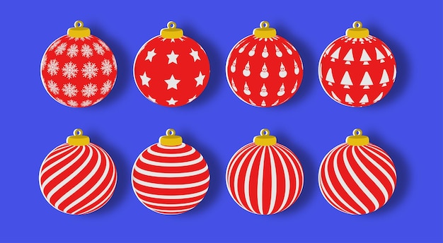 Christmas ball set. collection of paper cut elements designs with various red and white patterns.