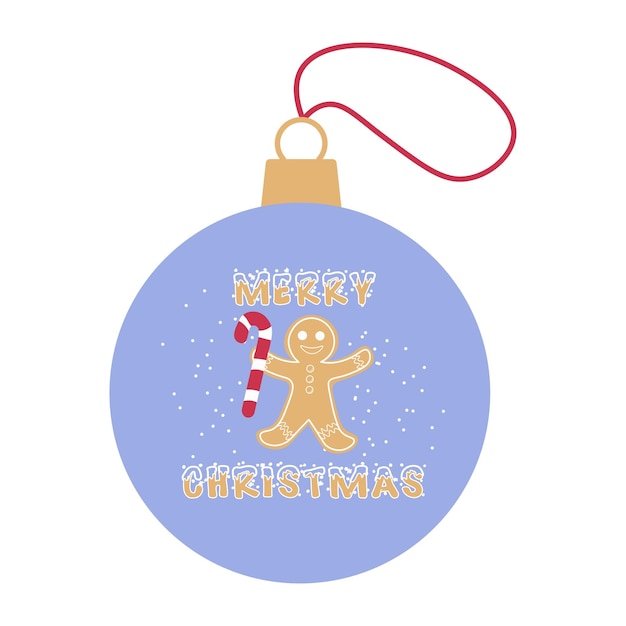 Christmas ball with the inscription Merry Christmas a gingerbread man a candy cane and snow