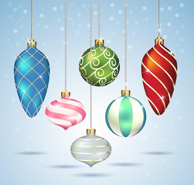 Christmas balls ornaments hanging on gold thread