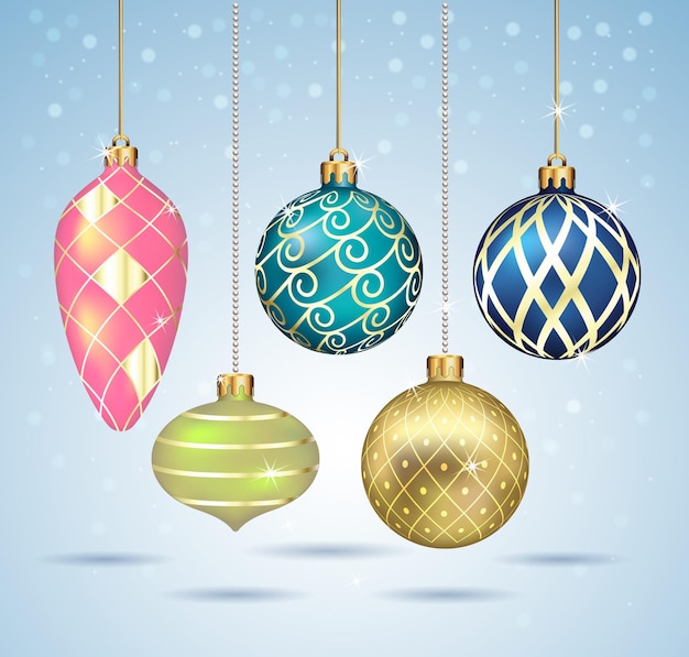 Christmas balls ornaments hanging on gold thread