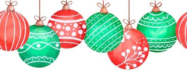 Christmas balls seamless horizontal border. Green and red hand painted watercolor illustration