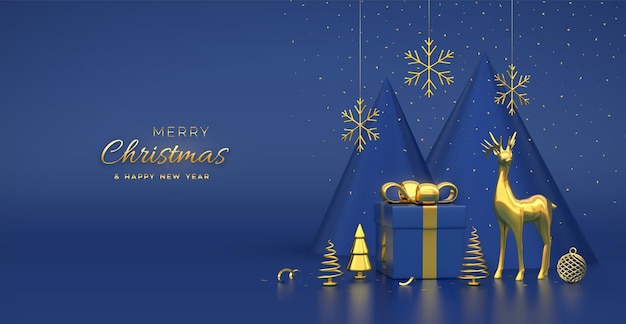 Christmas banner Composition from gift box gold deer shining showflakes and ball golden metallic spruce trees New Year cone shape trees Xmas background greeting card Vector 3D illustration