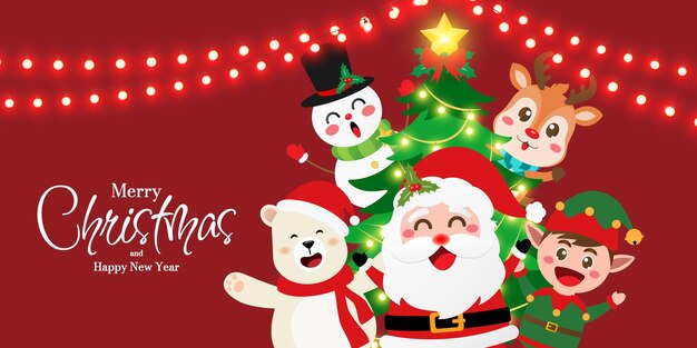 Christmas banner of cute Christmas character Santa Claus and friend on red background