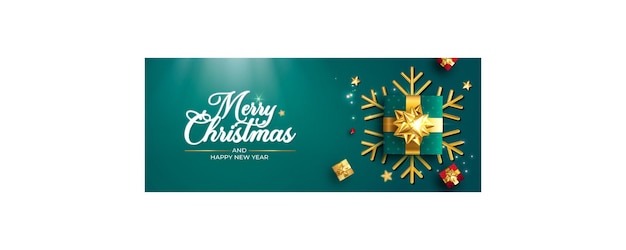 Christmas Banner  Gift Box With Green And Gold Decoration