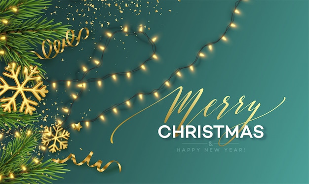 Christmas banner. Realistic Sparkling garland lights with gold snowflakes and golden tinsel on a background with Christmas tree sprigs.  illustration