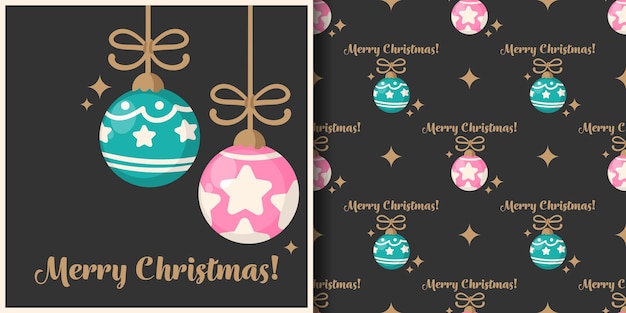 Christmas banner and seamless pattern of Christmas balls on black background