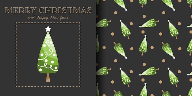 Christmas banner and seamless pattern of Christmas tree with snowflakes on black background