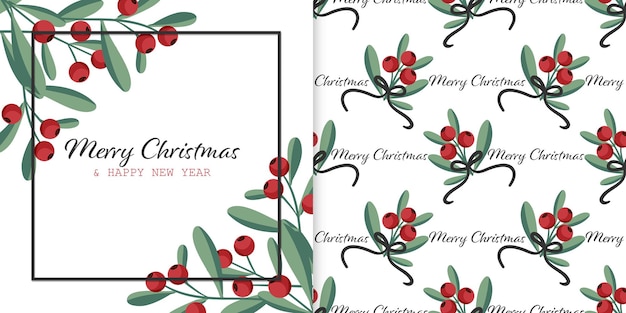 Christmas banner and seamless pattern of holly berry branches with green leaves and ribbons