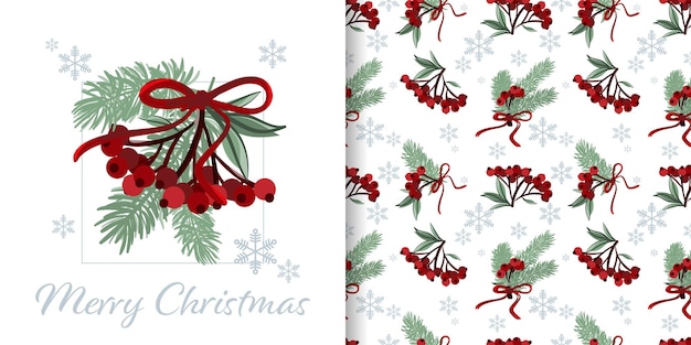 Christmas banner and seamless pattern of holly berry and fir branches with ribbon and snowflakes