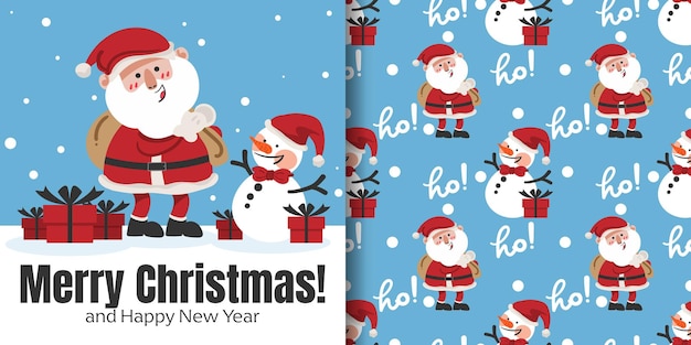 Christmas banner and seamless pattern of Santa Claus with gift boxes and snowman