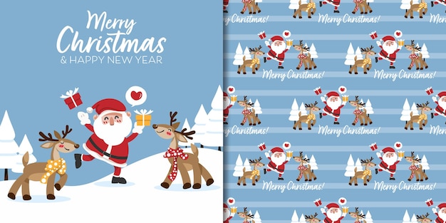 Christmas banner and seamless pattern of santa clause hold a gift box and reindeers