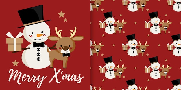 Christmas banner and seamless pattern of snowman hold gift box stars and reindeer wear bow tie