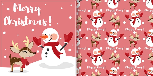 Christmas banner and seamless pattern of snowman and reindeer wear red scarf with snowflakes