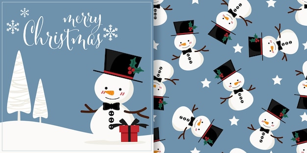 Christmas banner and seamless pattern of snowman wear black hat decorated with holly berry branch