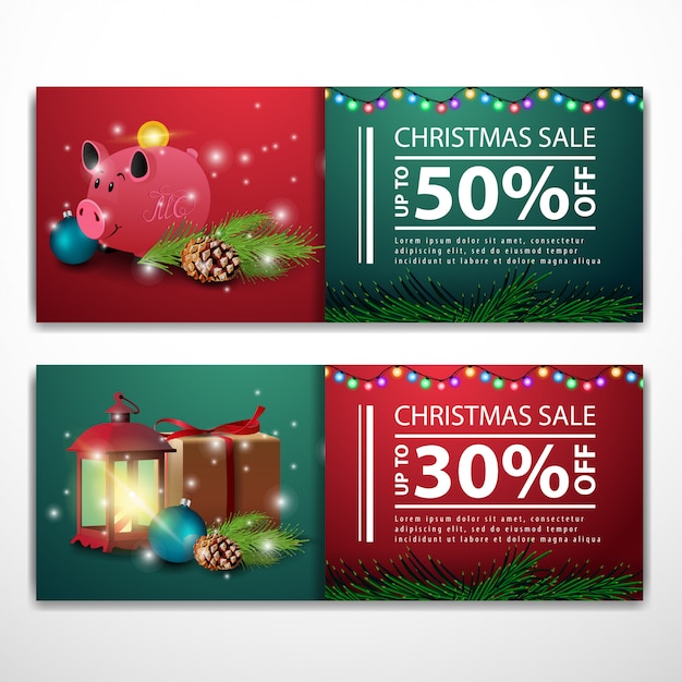 Christmas banner templates with piggy Bank and antique lamp