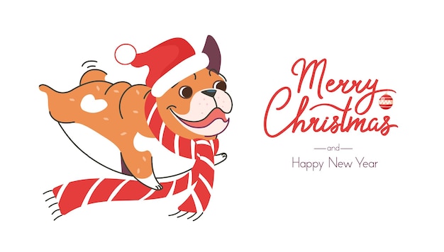 Christmas banner with cute bulldog wearing santa claus hat