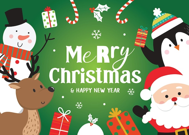 Christmas banner with Cute Christmas characters on green background