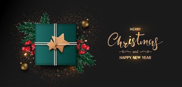 Christmas banner with Gift box on black background.