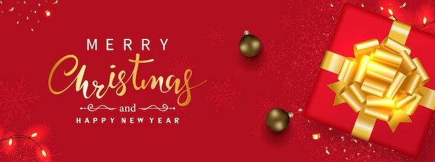 Christmas banner with gift box and object festive top view on Red background.