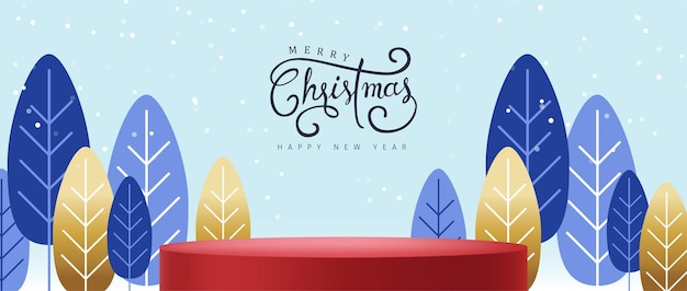 Christmas banner with red product display and Snowy christmas landscape background