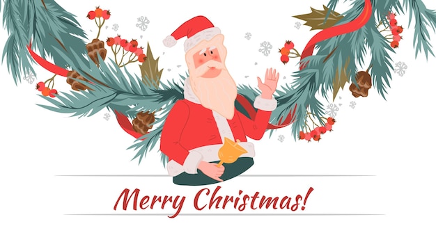 Christmas banner with Santa and fir branches garland hand drawn vector isolated