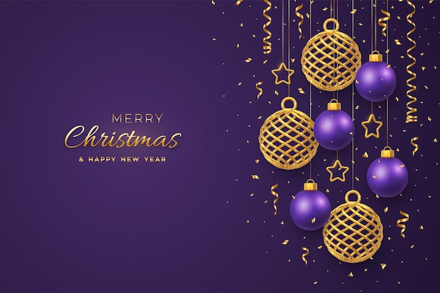 Vector christmas banner with shining hanging gold and purple balls golden stars and with confetti on purple background. greeting card with copyspace. new year poster, cover. holiday decoration. vector