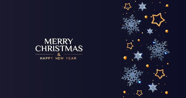 Christmas banner with snowflakes and stars on dark blue background