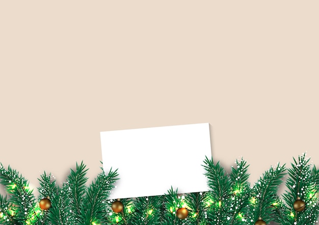 Christmas banner with white blank paper with green pine branches Christmas balls sparkling light