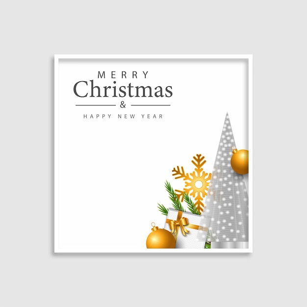 Christmas banner with white gift box, baubles, pine branches. New Year vector illustration.vector