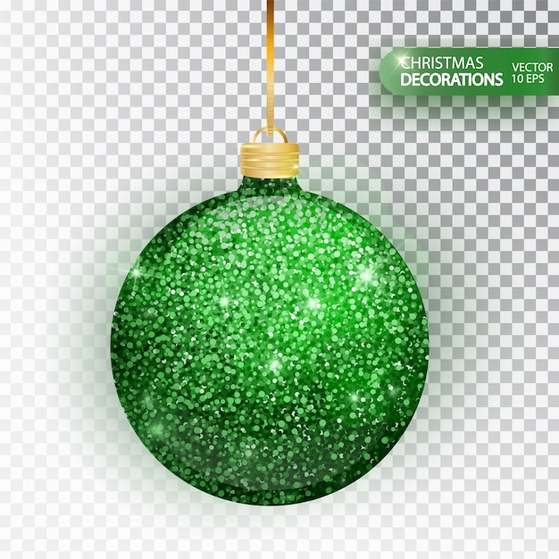 Christmas bauble green glitter isolated on white. Sparkling glitter texture bal, holiday decoration. Stocking Christmas decorations. Green hanging bauble.  