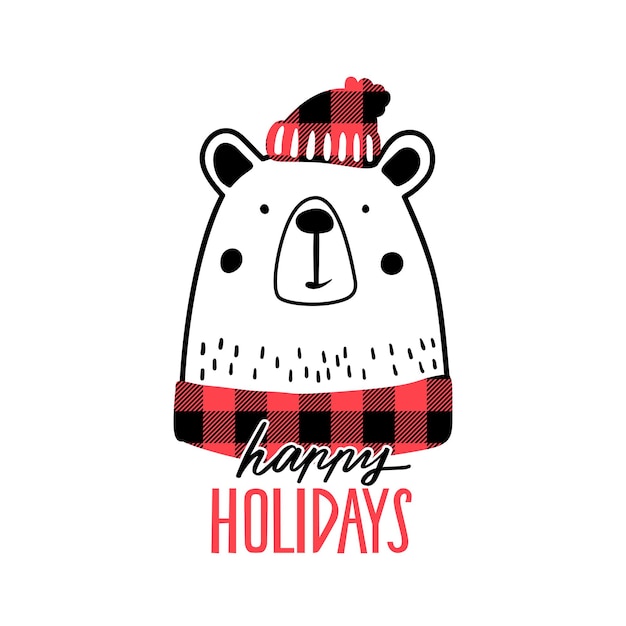 Christmas Bear doodle illustration. Happy Holidays lettering, buffalo plaid pattern. Animals character. Hand drawn winter design for greeting cards, t-shirt print and home decorations.