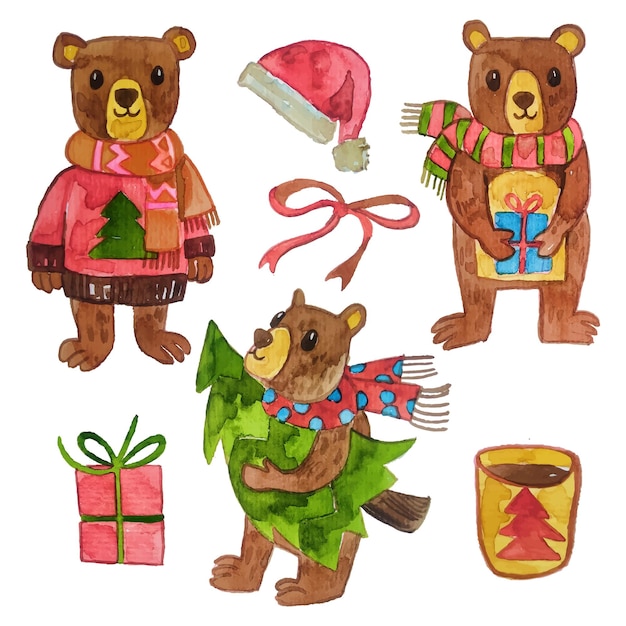 christmas bear watercolor character