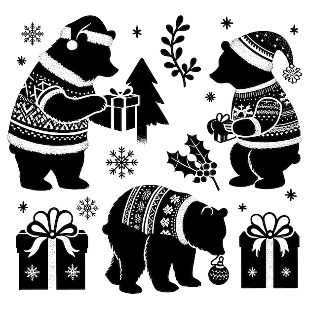 Vector christmas bears in sweaters with presents black and white vector illustration holiday cards