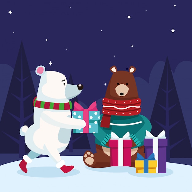 Christmas bears with gifts boxes over snowy night , colorful  ,  illustration