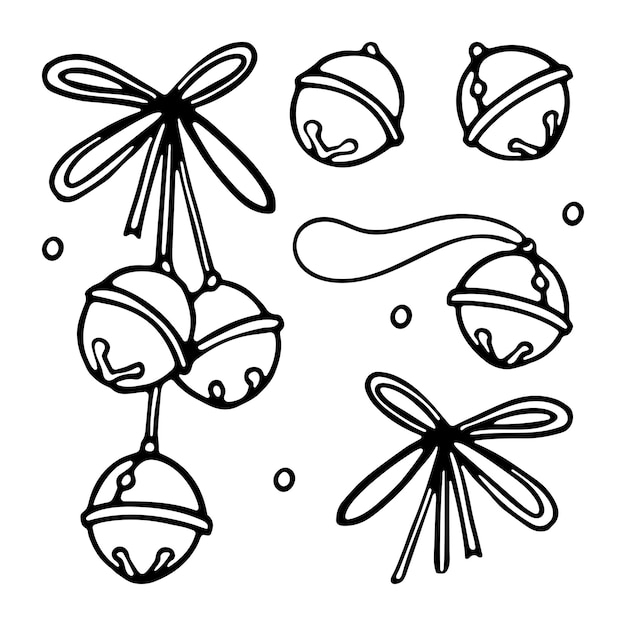 Christmas Bells with ribbon bow Outline doodle cartoon set for Coloring book Premium Vector