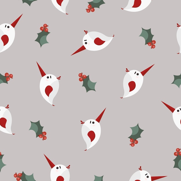 Christmas bird with holly seamless pattern