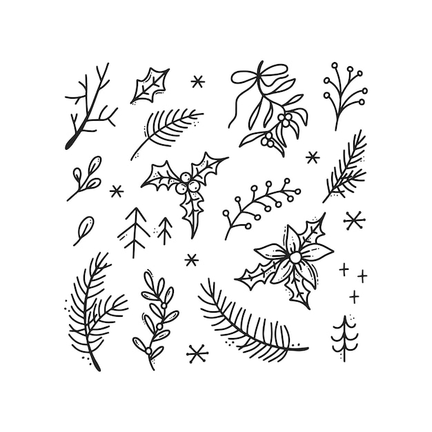 Christmas black outline doodle set Hand drawn new year collection tree branches snowflakes holly Winter decorative elements in line art style Vector illustration isolated on white background