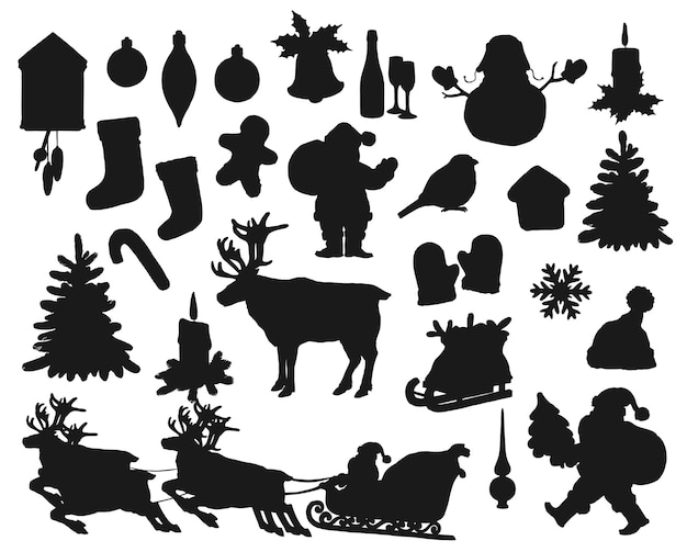 Christmas black silhouettes isolated set. Winter holiday Santa Claus, gift bag, fir tree and holly. Christmas sock, bird, snowflake and candle, xmas ball, gingerbread man and deer