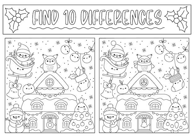 Vector christmas black and white find differences game for children attention skills activity