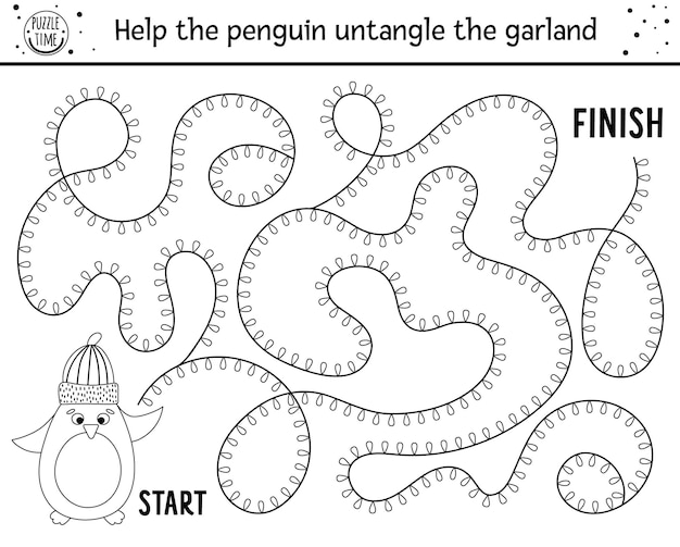 Christmas black and white maze for children. Winter new year preschool printable educational activity or coloring page. Funny holiday game or puzzle with cute penguin in hat and garland.