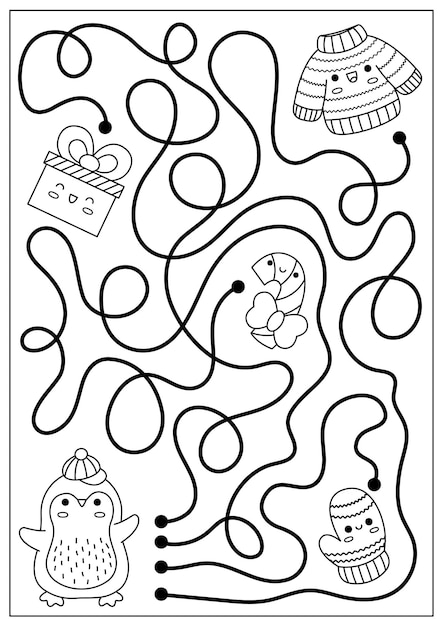 Christmas black and white maze for kids Winter line holiday preschool printable activity with cute kawaii penguin sweater mitten present New Year labyrinth game puzzle or coloring page