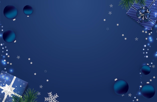 Vector christmas blue background with christmas gifts. merry christmas and happy new year background