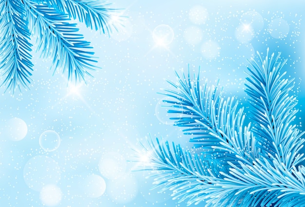 Christmas blue background with christmas tree branches and snowflakes