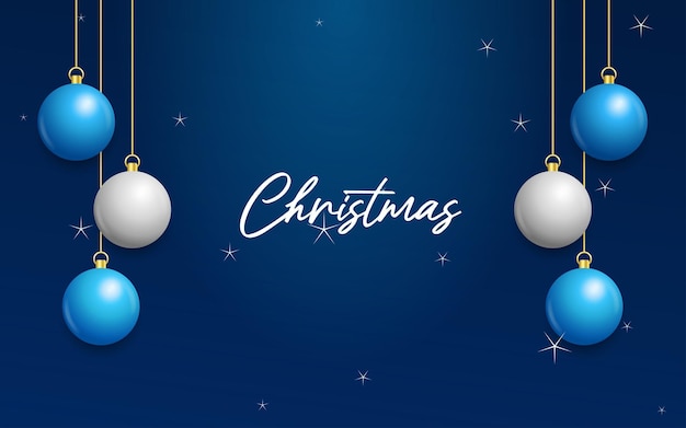 Christmas blue background with hanging shining white and Silver balls Merry christmas greeting card Vector Illustration