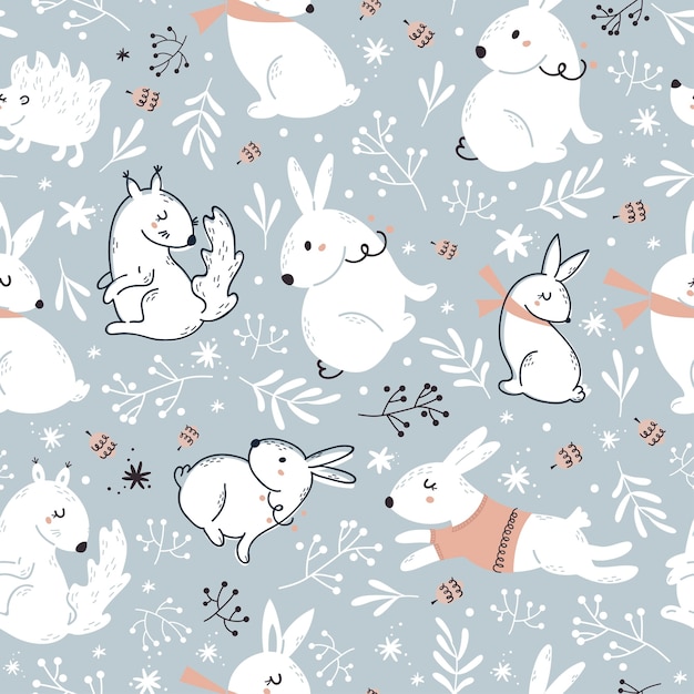 Christmas blue seamless pattern with cute forest animals.