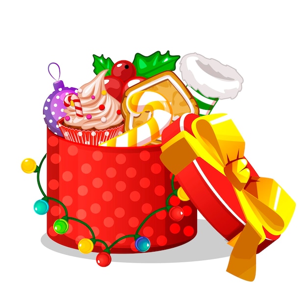 Christmas box with candy and garland for graphic design Vector isolated red New Year gift