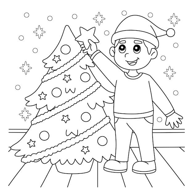 Christmas Boy And Christmas Tree Coloring Page